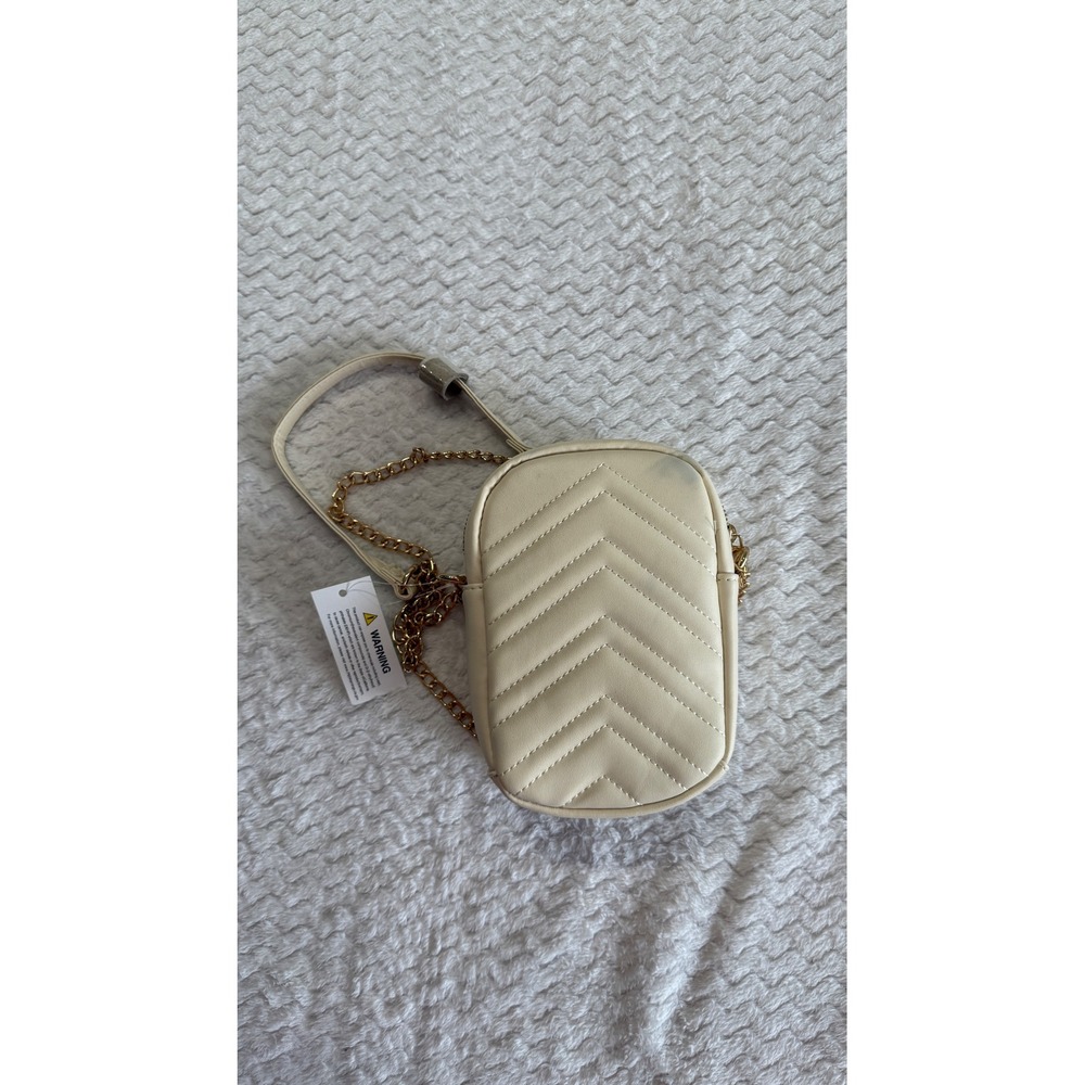 Cream Chevron Quilted Crossbody Mini Camera Bag Gold Chain Strap Off-White